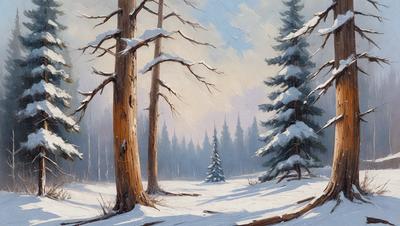 The primary subject of the image is a snow-covered pine tree in a snowy forest. The setting is a snowy landscape with a few other trees in the background. The visual style is an illustration or painting, with a focus on the pine tree and its surroundings. The colors and mood of the image are predominantly white and cold, creating a serene and tranquil atmosphere.